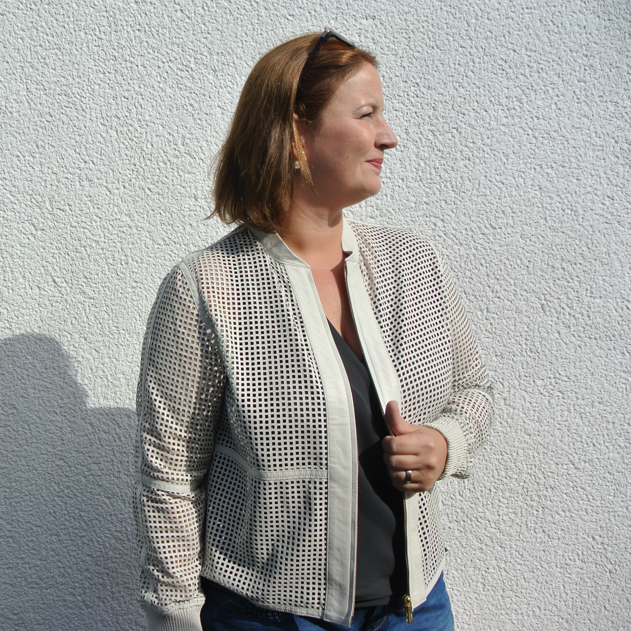 weiße Sommer-Lederjacke in Netzoptik von Triangle by S. Oliver